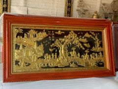 Tranh Vinh Quy Bái Tổ đồng vàng dát vàng bạc khung đục kích thước 120cm x 230cm