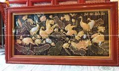 Tranh bát hạc quần sen đồng vàng dát điểm vàng bạc nền giả cổ KT 1m7x90cm