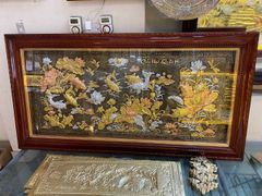 Tranh cửu ngư quần hội đồng vàng dát vàng bạc nền giả cổ KT 1m7x90cm