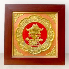 Tranh Chùa Một Cột bằng đồng vàng nền đỏ KT42x42cm - Tranh quà tặng Đồng Đông Sơn