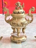 Tam sự nến song long chầu nguyệt đồng vàng màu vàng mộc cao 60cm - bộ đồ thờ cúng