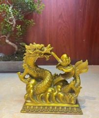 Tượng Rồng nhả ngọc đồng vàng cao 18cm, ngang 18cm, sâu 10cm nặng 1,8kg - Đồng Đông Sơn