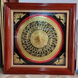 Tranh trống đồng mặt trống đồng vàng gò dát vẽ nền KT 90x90cm