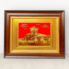 Tranh chợ Bến Thành nền đỏ mạ vàng 24k KT28x34cm - Tranh quà tặng Đồng Đông Sơn