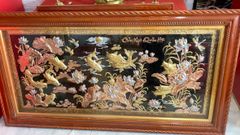 Tranh cửu ngư quần hội đồng đỏ dát vàng bạc 1m7x90cm