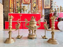 Bộ ngũ sự đồng vàng đỉnh rồng 50cm màu vàng mộc