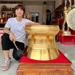 Quả trống ngọc lũ đúc đồng đỏ đường kính 50cm dát vàng 24k - Trống đồng Ngọc Lũ đúc nổi