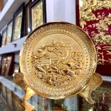 Tranh đĩa hoa sen cá chép để bàn bằng đồng vàng mạ vàng 24k KT 19cm - Quà tặng hoa sen