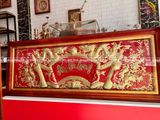 Bộ đại tự câu đối khung gỗ kích thước 1m76 đồng vàng nền đỏ đen