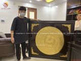 Tranh trống đồng đông sơn thúc nổi dát vàng 14k | tranh trống đồng khung gỗ sồi KT 155x135cm