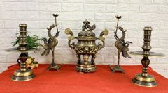 Bộ ngũ sự rồng bằng đồng hun giả cổ nến trơn cao 40cm