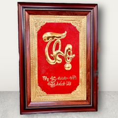 Tranh chữ Thọ nền đỏ mạ vàng 24k KT48x68cm - tranh quà tặng Đồng Đông Sơn