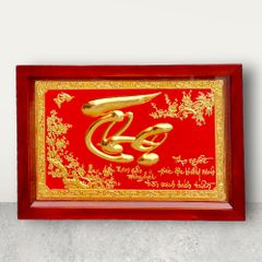 Tranh chữ Thọ đồng vàng mạ vàng 24K, nền đỏ kích thước 48cm x 68cm mẫu 3 - Đồng Đông Sơn