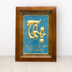 Tranh chữ Thọ bằng đồng vàng nền xanh KT28x38cm - tranh quà tặng Đồng Đông Sơn