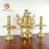 Tam sự nến song long chầu nguyệt đồng vàng màu vàng mộc cao 45cm - bộ đồ thờ cúng