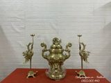 Tam sự hạc bằng đồng vàng mộc (màu cattut) - Song Long Chầu Nguyệt rồng liền  cao 60cm