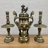 Bộ tam sự nến đồng hun nâu - Song Long Chầu Nguyệt KT 40cm