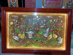 Tranh sen hạc đồng vàng dát vàng bạc vẽ màu KT 1m15x1m15