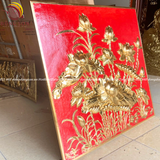 Tranh hoa sen đồng vàng dát vàng vẽ nền đỏ KT 68x68cm