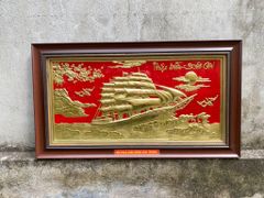 Tranh Thuận Buồm Xuôi Gió đồng vàng nền đỏ kích thước 38cm x 68cm - Tranh quà tặng