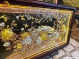 Tranh hoa mẫu đơn nền đen mạ vàng 24k | tranh chim công thủ công mẫu độc quyền KT 227x117cm