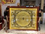 Tranh trống đồng đông sơn lục bình hoa sen giả cổ dát vàng 14k | tranh trống đồng khung gõ KT 217x174cm