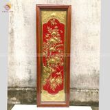 Tranh tứ quý đồng nền đỏ mạ vàng 24k | tranh tứ quý thúc tay thủ công KT 155x51cm