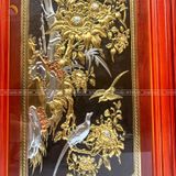 Tranh tứ quý đồng nền đen dát vàng bạc 14k | tranh tứ quý thúc tay thủ công KT 127x41cm