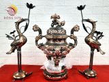 Tam sự hạc song long chầu nguyệt đồng đỏ phớt nỉ cao 60cm - bộ đồ thờ cúng