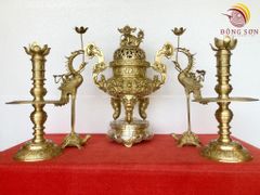 Bộ ngũ sự rồng bằng đồng vàng mộc 3D | bộ đỉnh đồng nến hoa văn đầy đủ kích cỡ