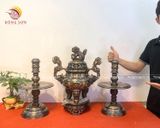 Tam sự nến song long chầu nguyệt đồng đỏ khảm ngũ sắc cao 50cm - bộ đồ thờ cúng
