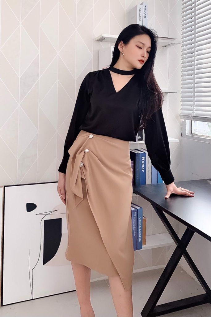 Midi skirt with pearl nâu cafe