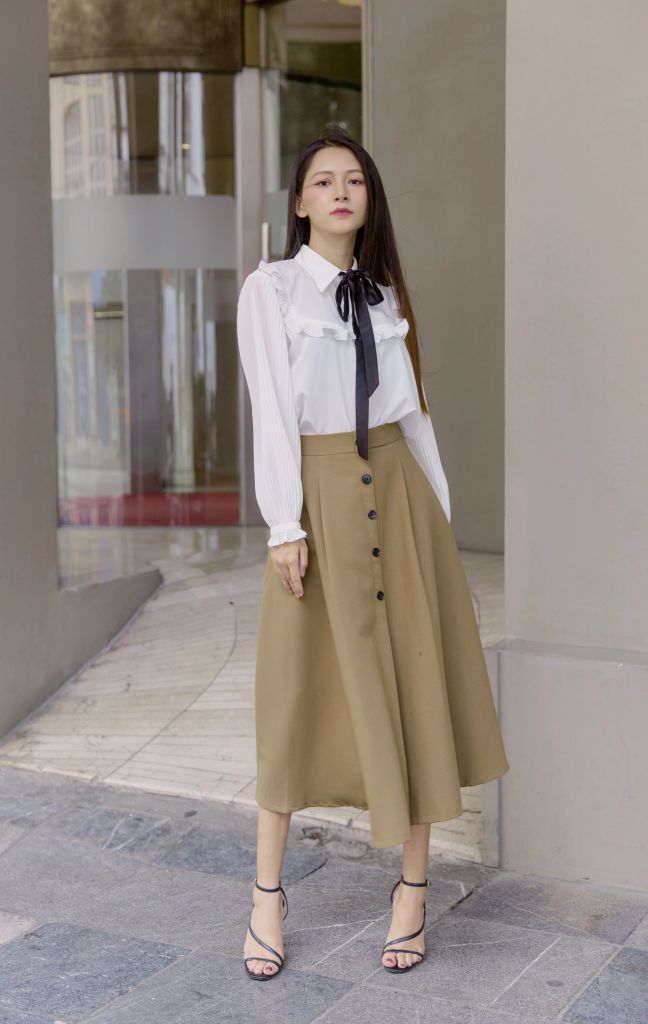 Moss Green Midi Skirt - Chân váy rêu ánh nâu đính khuy