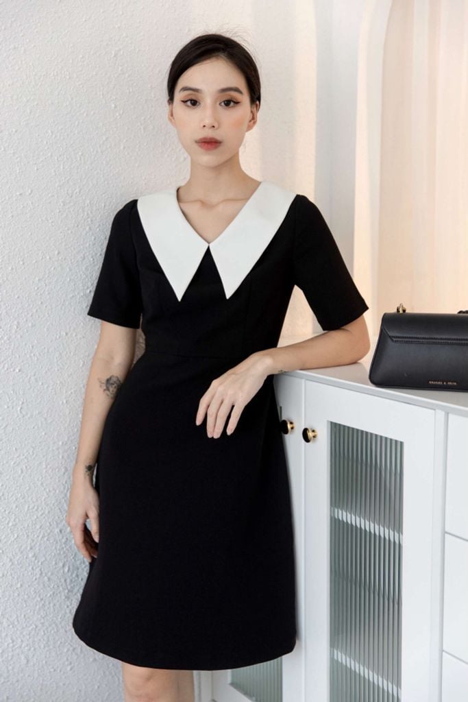 Linda Dress - Váy đen cổ trắng