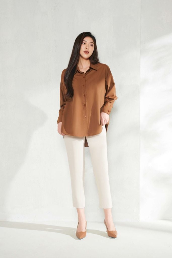 Basic Oversized Shirt Màu Nâu