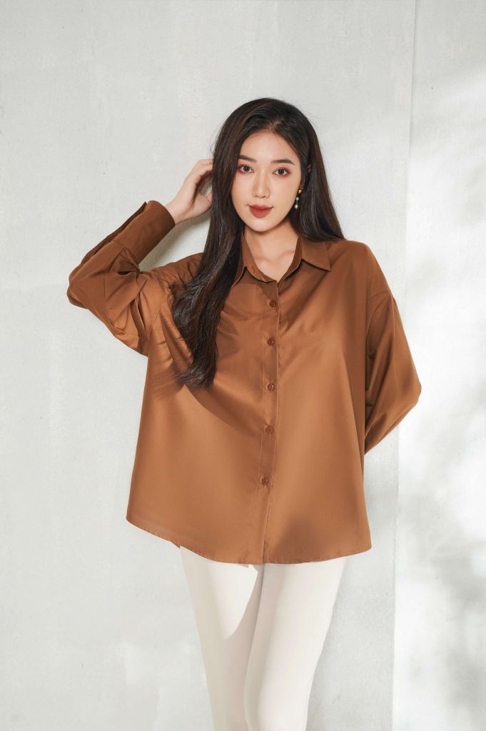 Basic Oversized Shirt Màu Nâu