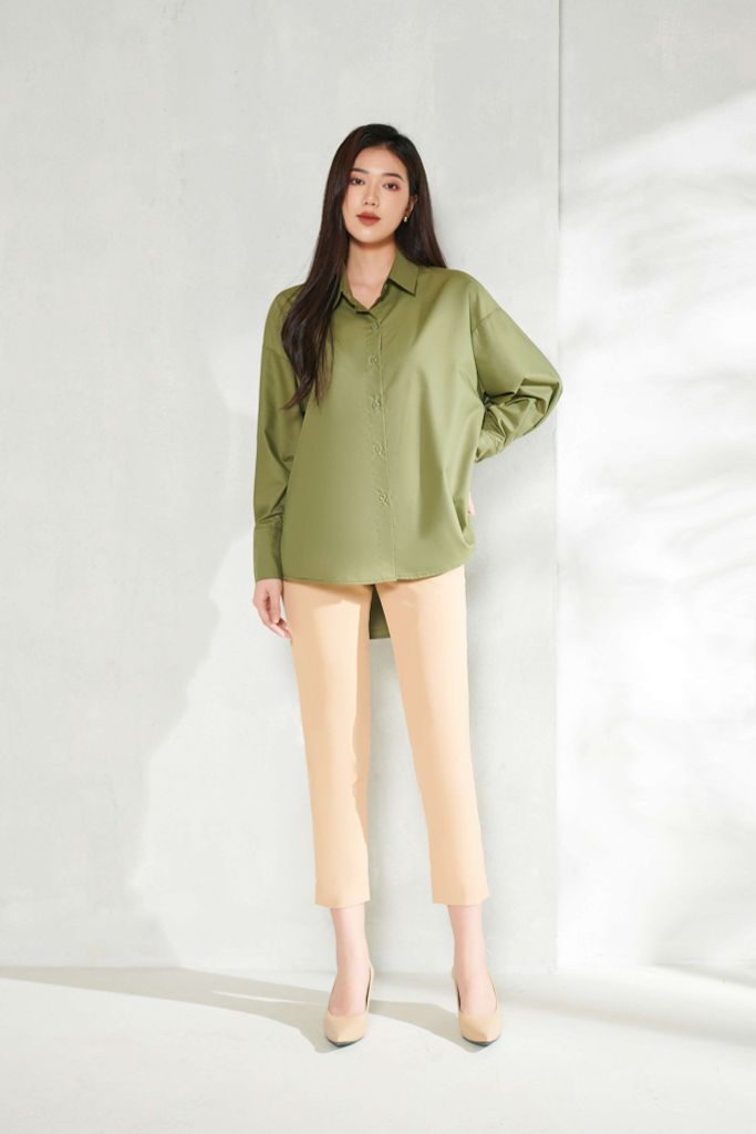 Basic Oversized Shirt Màu Rêu