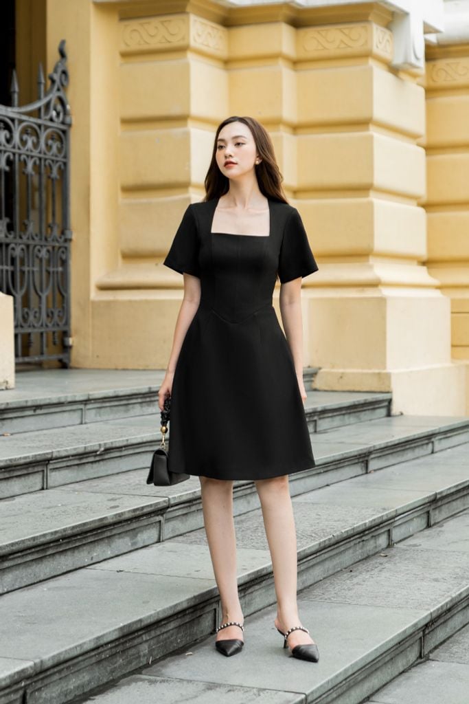 Stephany Dress - Váy cổ chéo (Đen)