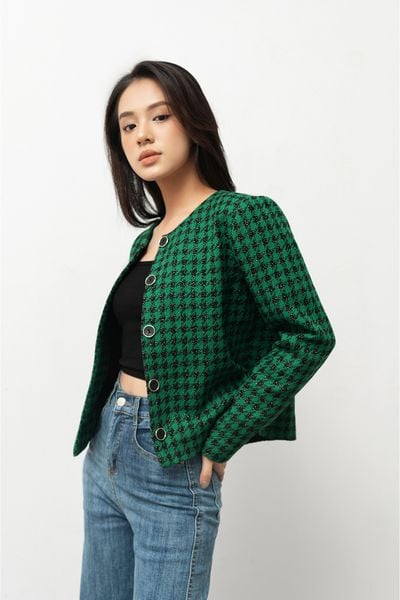 Áo khoác dạ tweed kẻ xanh