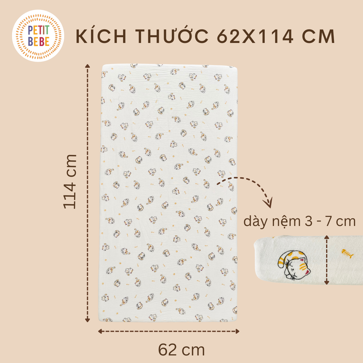  Ga bọc nệm 62x114cm muslin trơn 