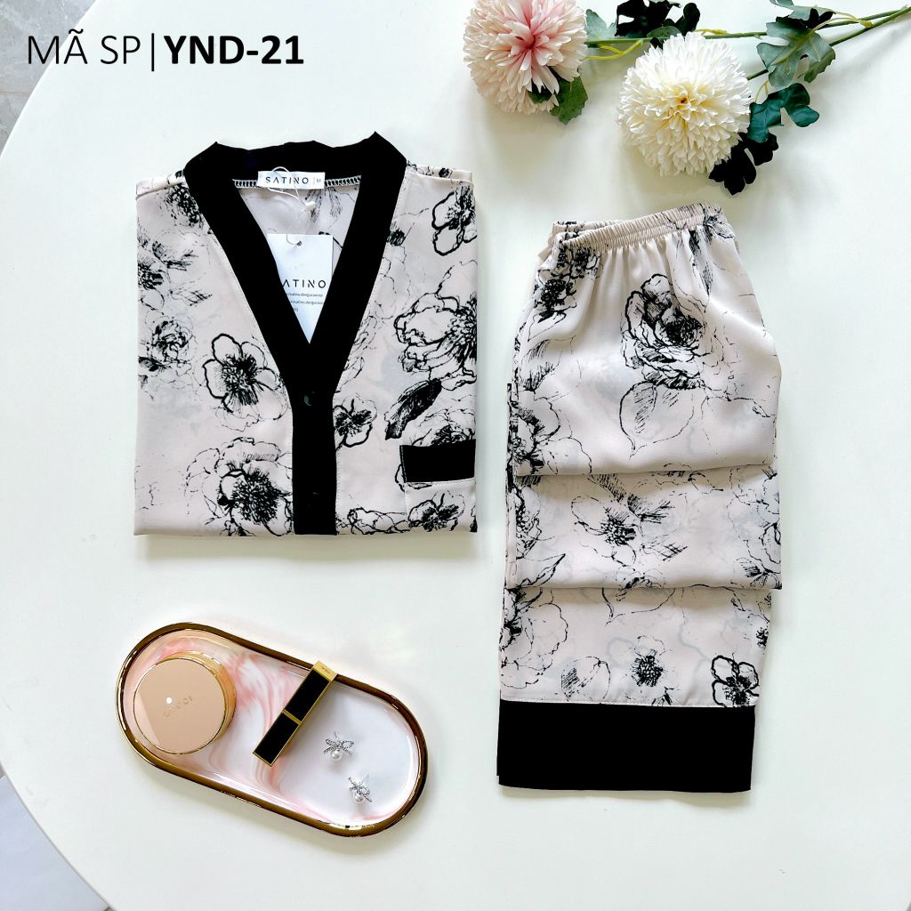 Đồ bộ mặc nhà, đồ ngủ, Pijama nữ Lụa TNQD Satino cổ Y - Lyna Black