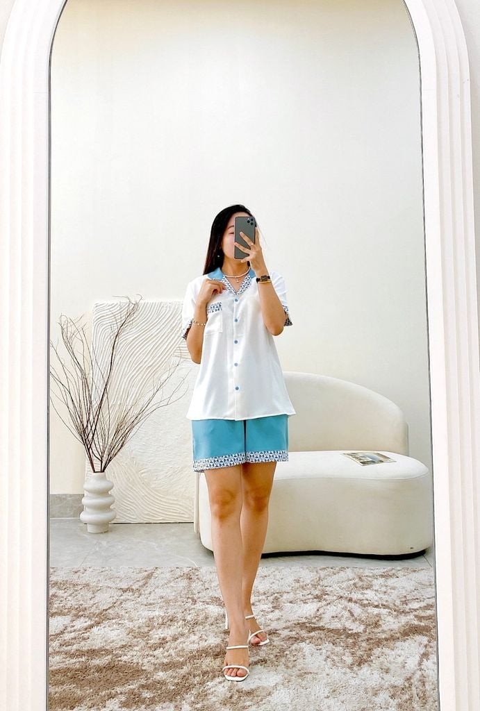 Đồ bộ mặc nhà, đồ ngủ, Pijama nữ Lụa TNQN Satino - Posa Blue