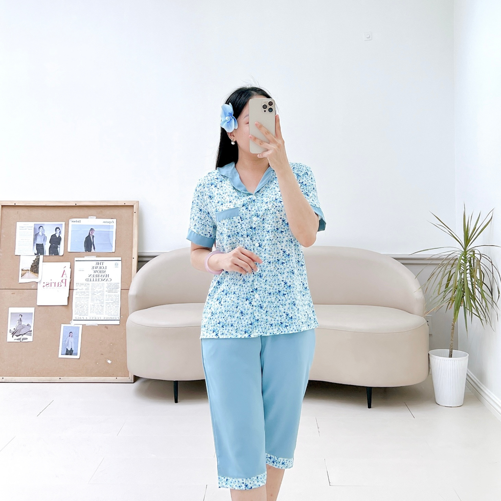 Pijama lụa mango mềm mại, không nhăn Satino TNQL - Sela Blue