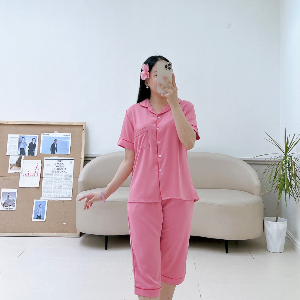 Pijama lụa mango mềm mại, không nhăn Satino màu trơn TNQL - Pink Red