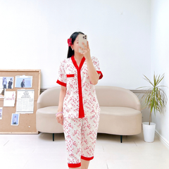 Pijama lụa mango mềm mại, không nhăn Satino TNQL cổ Y - Maison Red