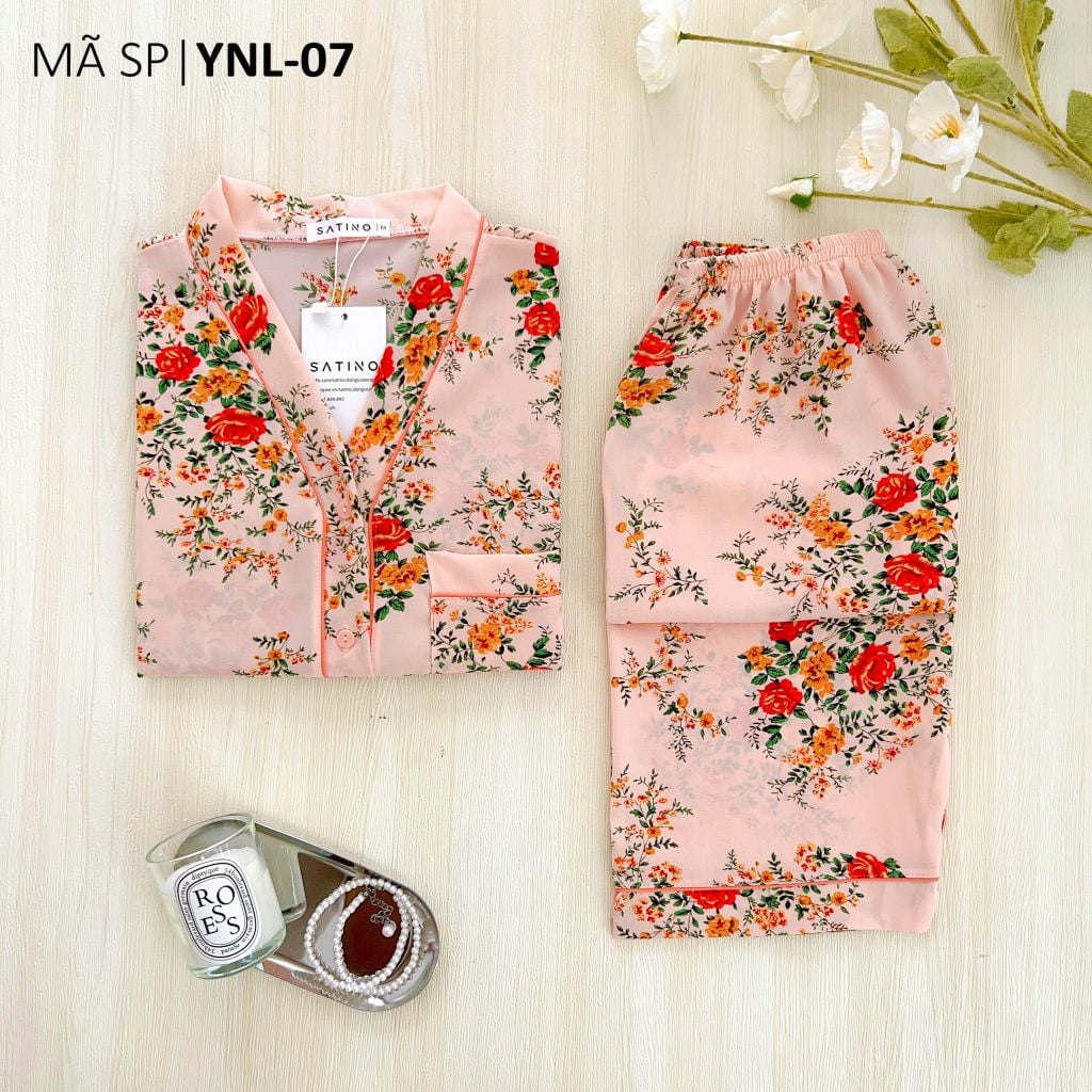 Đồ bộ mặc nhà, đồ ngủ, Pijama nữ Lụa TNQL Satino cổ Y - Jandi Orange