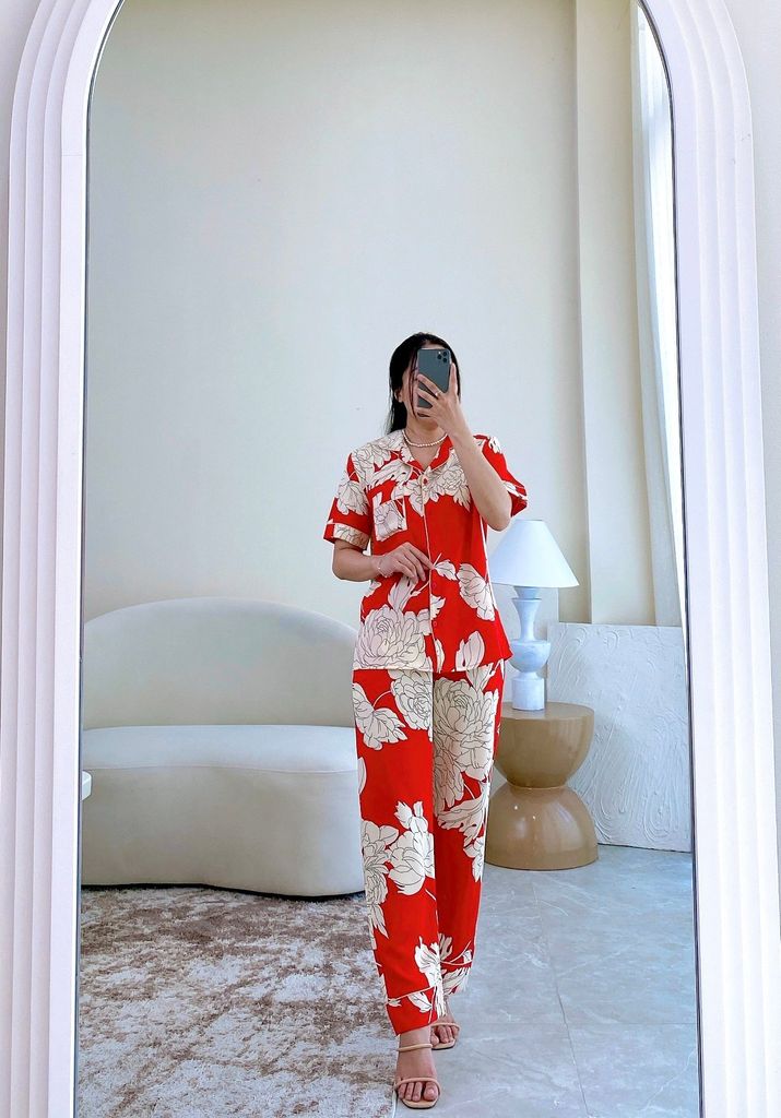 Đồ bộ mặc nhà, đồ ngủ, Pijama nữ Lụa TNQD Satino - Mercy Red
