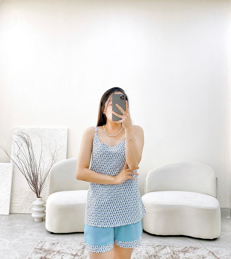 Đồ mặc nhà, đồ ngủ, Pijama nữ Lụa 2 dây Satino - Posa Blue