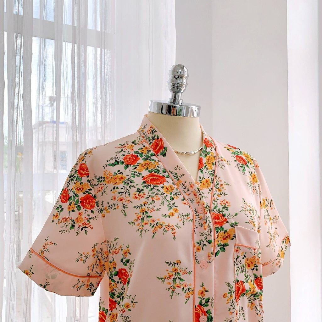 Đồ bộ mặc nhà, đồ ngủ, Pijama nữ Lụa TNQL Satino cổ Y - Jandi Orange