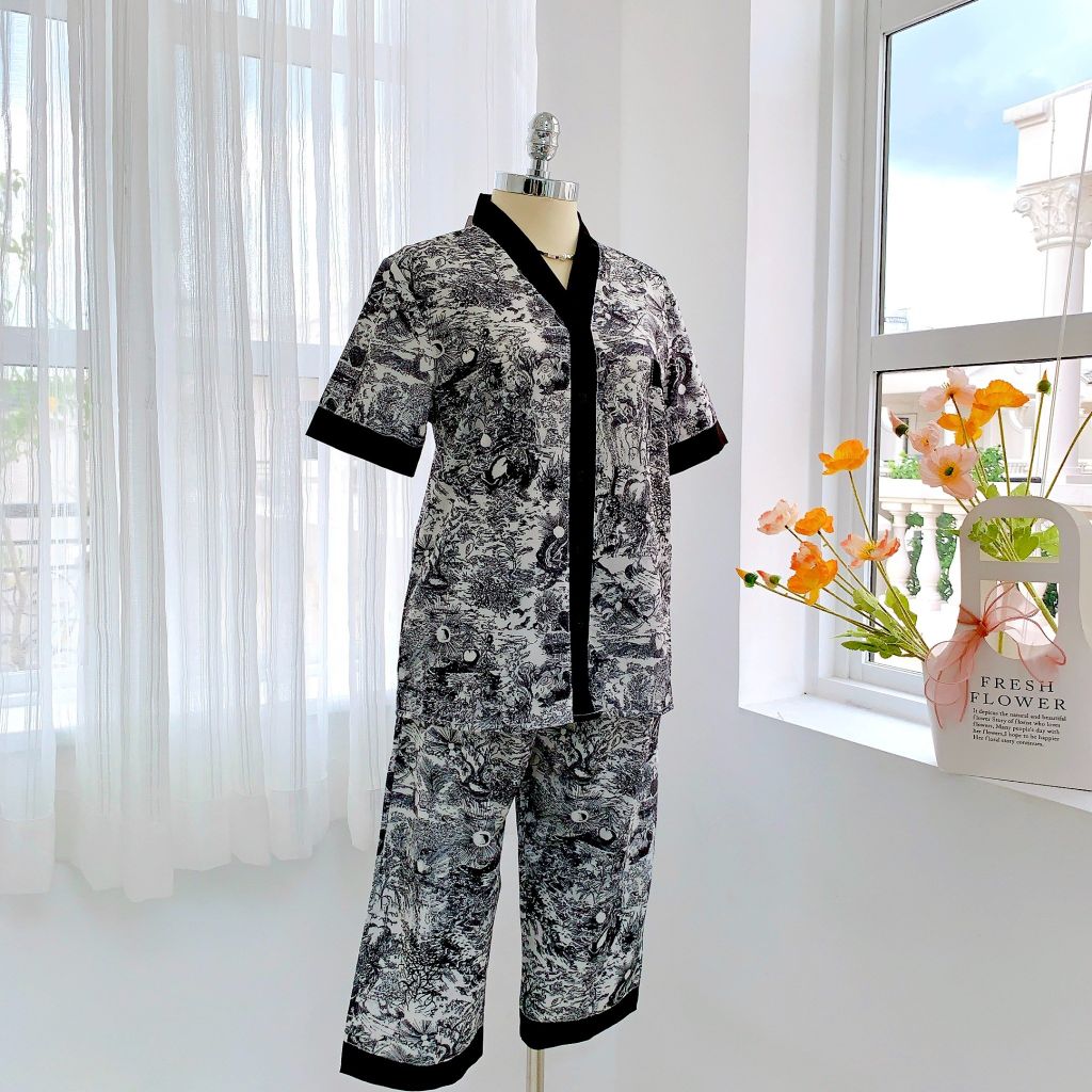 Đồ bộ mặc nhà, đồ ngủ, Pijama nữ Lụa TNQL Satino cổ Y - Hailey Black